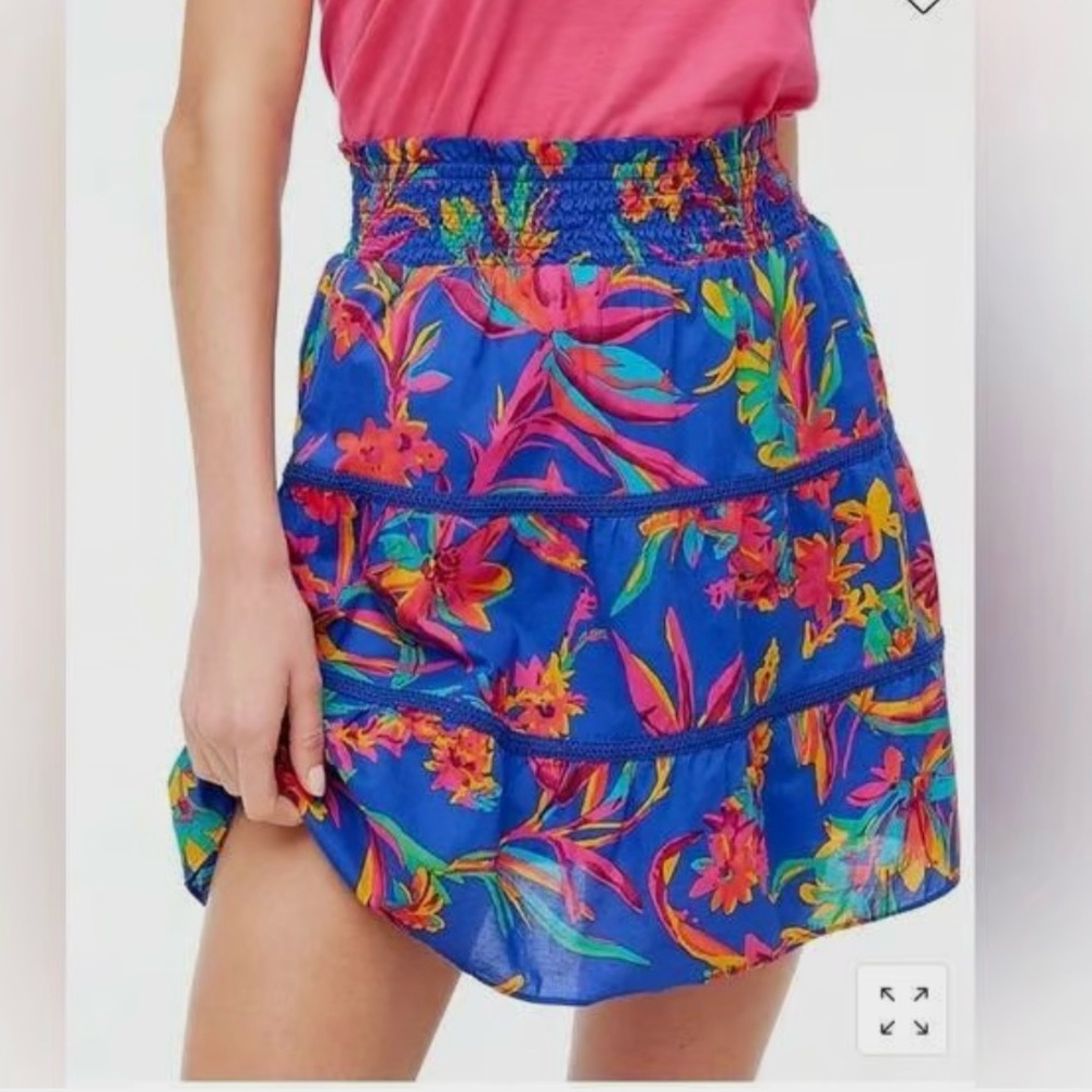 J. Crew Vibrant Blue Floral Pattern Tiered Mini Skirt With Lace Trim